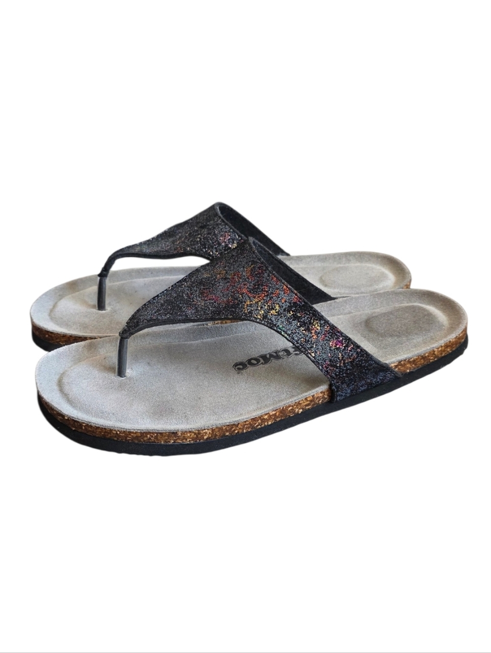 SoftMoc Black Glitter Thong Sandals Size 10 Womens Cork Footbed Comfort Slip On